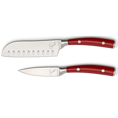 Emeril Lagasse 2 Piece Knife Set 5″ Santoku 3.5″ Paring Knife Forged Steel Clad Emerilware (Red)