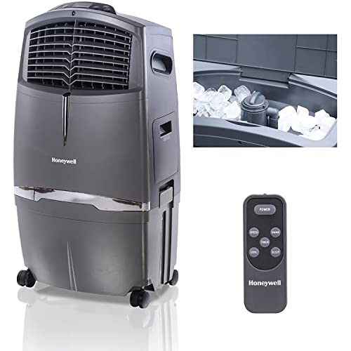 Honeywell 525 CFM Indoor Portable Evaporative Air Cooler, Fan & Humidifier with Ice Compartment & Remote, Gray