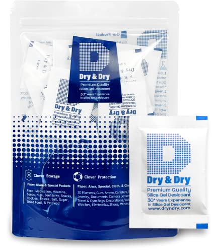 Dry & Dry 5 Gram [30 Packets] Premium Pure and Safe Silica Gel Packets Desiccant Dehumidifiers, Silica Gel Packs – Rechargeable (Food Safe) Moisture Absorbers, Desiccant Packets