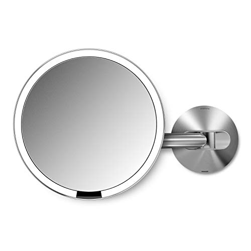 simplehuman ST3002 20cm Wall Mount Rechargeable Sensor Mirror, Light Up Bathroom Makeup Magnifying Mirror, 5x Magnification, Telescopic Swing Arm, LED Tru-Lux Light System, Brushed Stainless Steel