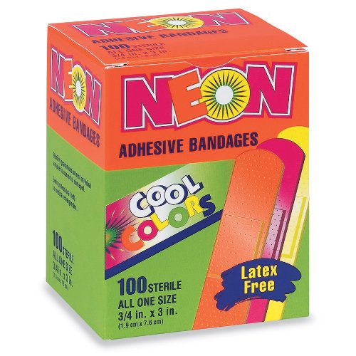 Neon Adhesive Bandages, Assorted Colors, 3/4″ x 3″, 100/BX (1 Box)