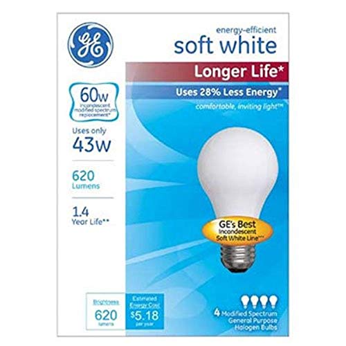 GE Lighting A19 Incandescent Halogen Light Bulbs, 43-Watt, Soft White Finish, 60-Watt Replacement, 620-Lumen, Medium Base, 4-Pack