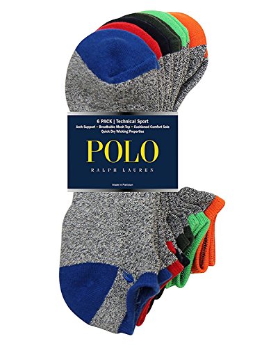 Polo Ralph Lauren 6-Pack Technical Sport Ped Socks (One Size, Grey Multi)