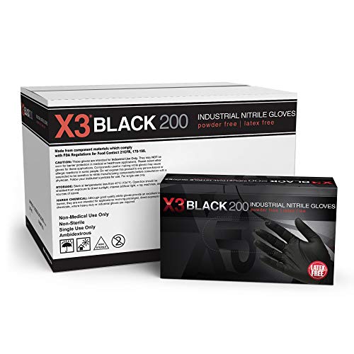 AMMEX X3 Industrial Black Nitrile Gloves, Case of 2000, 3 mil, Size Small, Latex Free, Powder Free, Textured, Disposable, Non-Sterile, BX3D42100