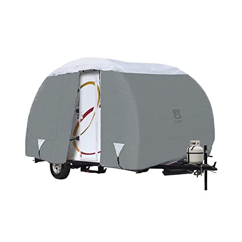 Classic Accessories Over Drive PolyPRO3 Deluxe R-Pod Travel Trailer Cover, 16′ 2″, Camper RV Cover, Customizable Fit, Water-Resistant, All Season Protection for Motorhome, Grey/Snow White