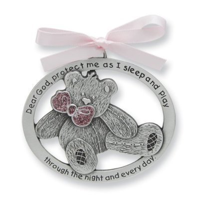 Pretty TEDDY BEAR Crib Medal for Baby GIRL Crib Medal with Verse 4″ PEWTER Finish – CHRISTENING/SHOWER GIFT/Baptism KEEPSAKE/with PINK RIBBON – INFANT – Newborn