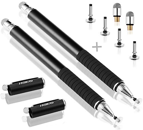 MEKO Universal Stylus,[2 in 1 Precision Series] Disc Stylus Touch Screen Pens for All Capacitive Touch Screens Cell Phones, Tablets, Laptops Bundle with 6 Replacement Tips – (2 Pcs, Black/Black)