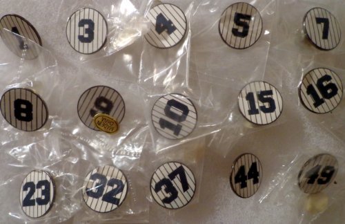 Vintage NY New York Yankees Retired Number PINSTRIPES CIRCLES Hat Lapel Baseball Pins Set of 15 with #1 Billy Martin, #3 Babe Ruth, #4 Lou Gehrig, #5 Joe Dimaggio, #7 Mickey Mantle, #8 Yogi Berra