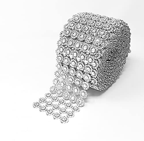 Silver Diamond Flower Shape Mesh Wrap Roll Faux Rhinestone Crystal Ribbon 4″ x 10 yards (30 ft)
