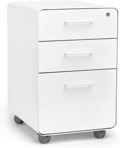 Poppin Stow 3-Drawer Rolling File Cabinet – White. 2 Utility Drawers and 1 Hanging File Drawer. Two Locking and Two Non-Locking Wheels. Powder-Coated Steel. Two Keys Included.