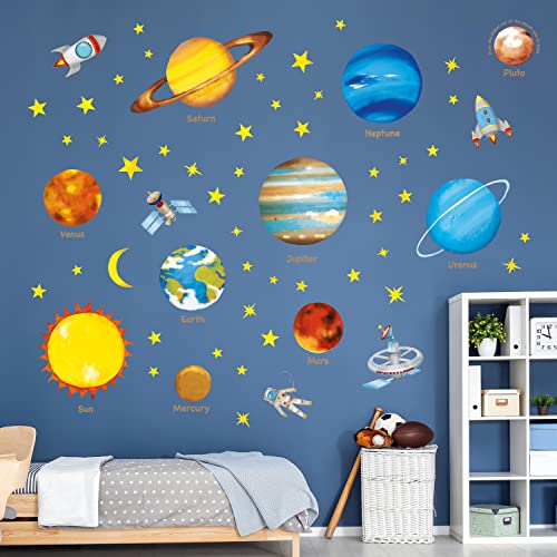 Decowall DW-1307 Planets in The Space Kids Wall Decals Wall Stickers Peel and Stick Removable Wall Stickers for Kids Nursery Bedroom Living Room
