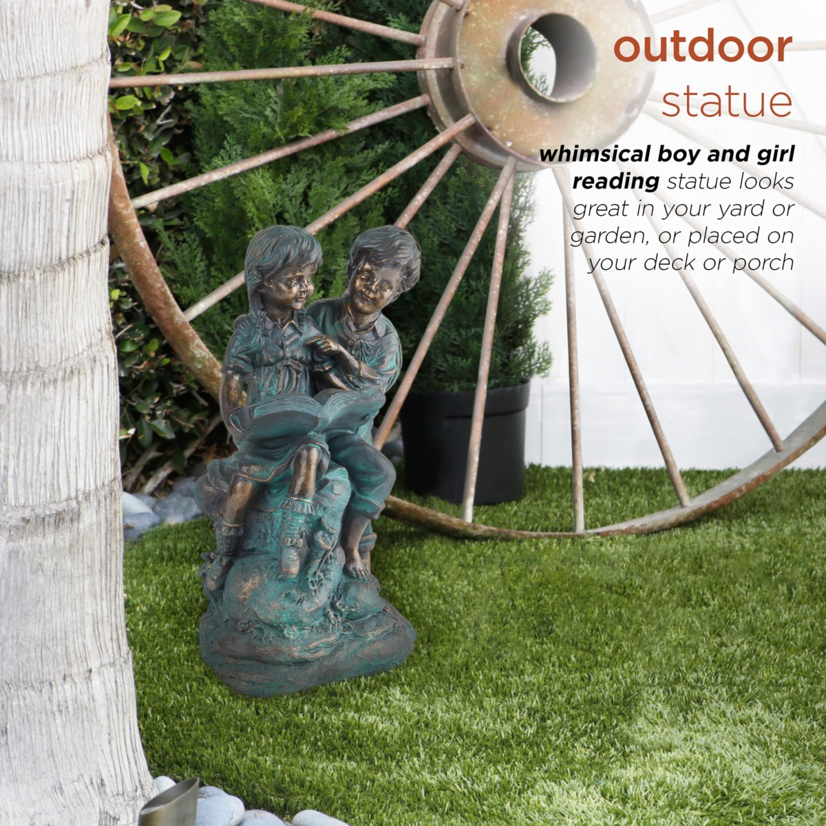Alpine Corporation GXT266 Alpine Girl and Boy Reading Together Outdoor Garden, Patio, Deck, Porch-Yard Art Decoration Statue, Medium, Gold,Green | The Storepaperoomates Retail Market - Fast Affordable Shopping