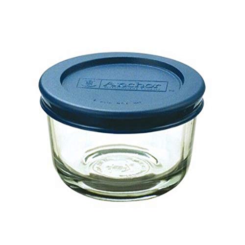 Anchor Hocking 1-Cup Round Food Storage Containers Clear glass with Blue Plastic Lids, Set of 6 –