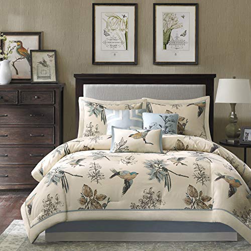 Madison Park Quincy Cozy Comforter Nature Scenery Design – All Season Bedding, Matching Bed Skirt, Decorative Pillows, Quincy, Leaf & Bird Khaki Cal King(104″x92″) 7 Piece