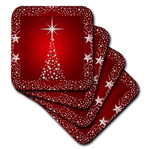 3dRose Silver Star Christmas Tree with Holiday Red Background – Soft Coasters, Set of 4 (CST_164753_1)