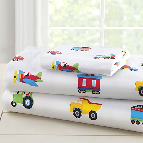 Wildkin Kids 100% Cotton Twin Sheet Set for Boys & Girls, Bedding Set Includes Top Sheet, Fitted Sheet, and One Standard Pillow Case, Bed Sheet Set for Cozy Cuddles (Trains, Planes & Trucks)
