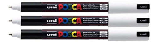 Uni Posca PC-1MR White Colour Paint Marker Pens Ultra Fine 0.7mm Calibre Tip Nib Writes On Any Surface Glass Metal Wood Plastic Fabric (Pack of 3)
