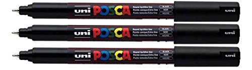 Uni Posca PC-1MR Black Colour Paint Marker Pens Ultra Fine 0.7mm Calibre Tip Nib Writes On Any Surface Glass Metal Wood Plastic Fabric (Pack of 3)