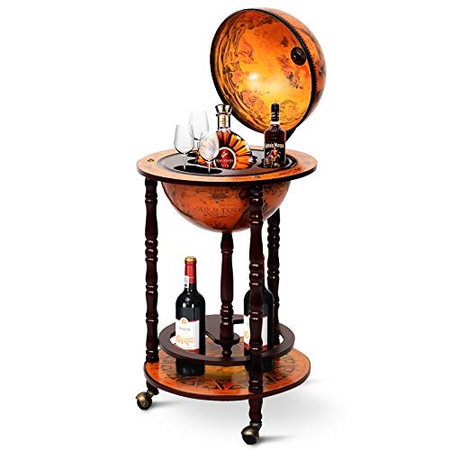 Goplus 17.5” Globe Bar, Wood Globe Bar Cart with Wheels & Liquor Bottle Shelf, 16th Century Italian Replica Liquor Cabinet, Globe Wine Bar Stand for Living Room, Dining Room, Home (Retro Brown)