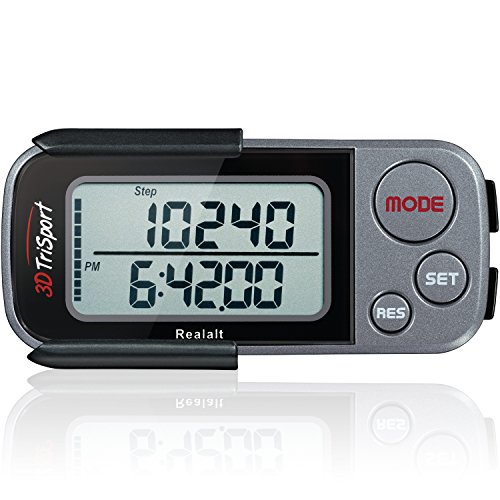 3DTriSport Walking 3D Pedometer with Clip and Strap, Free eBook | 30 Days Memory, Accurate Step Counter, Walking Distance Miles/Km, Calorie Counter, Daily Target Monitor, Exercise Time (Grey/Black)