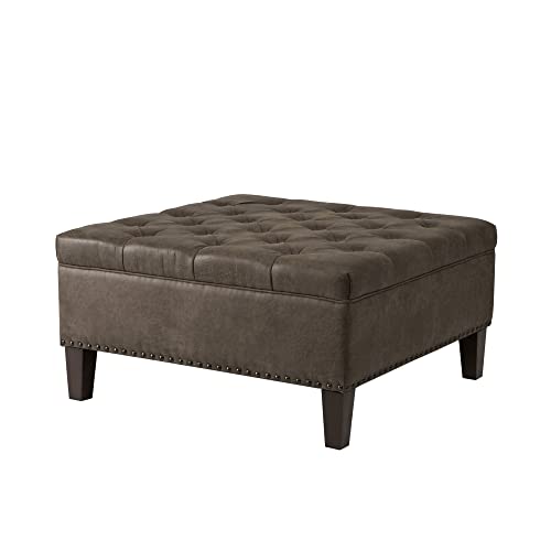 Madison Park Lindsey Cocktail Ottoman – Square Tufted, Faux Leather Coffee Table for Living-Room, Modern All Foam Thick Padded, Solid Wood Legs, Large Bench Corner Seating Bedroom Lounger, 35.5″W x 35.5″D x 18.5″H,Brown
