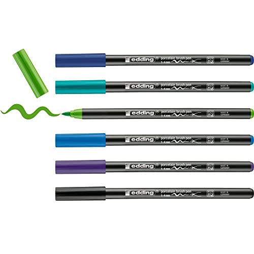 edding 4200 porcelain brush pen – black, violet, 3x blue, green, – 6 pens – brush nib 1-4 mm – painting and decorating ceramics, porcelain – dishwasher-safe, lightfast ink, quick-drying – felt-nib pen