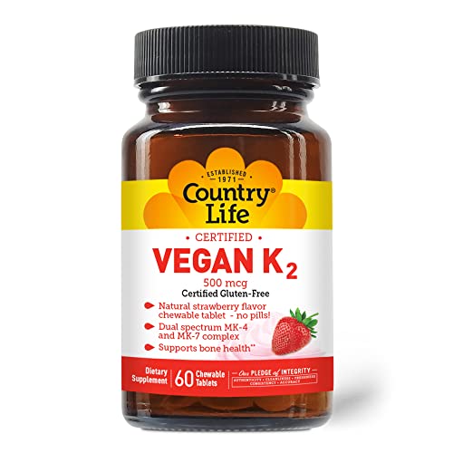Country Life Certified Vegan K2 500 mcg – 60 Chewables – Strawberry Flavor – Dual Spectrum MK-4 and MK-7 Complex