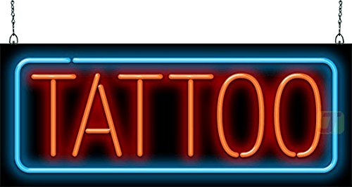 Tattoo Neon Sign with Border – Large Size – 32″ Wide x 13″ high – Red Letters with a Blue Outer Border – Real, Quality Hand Bent Neon Tubing