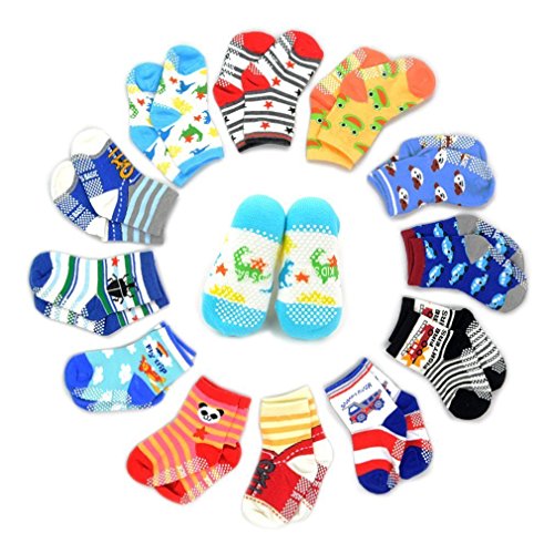12 Pairs Anti-slip Socks Toddler Socks, Marrywindix Assorted Kids Socks Size Ages 2-3 Years Animal Print Boys Girls Socks Random Color
