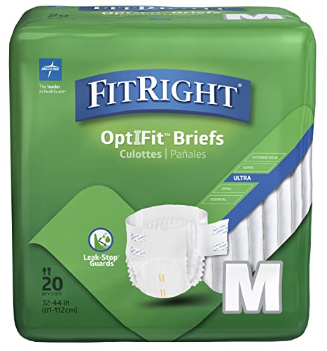 FitRight Ultra Adult Diapers, Disposable Incontinence Briefs with Tabs, Heavy Absorbency, Medium, 32″-42″, 4 packs of 20 (80 total)