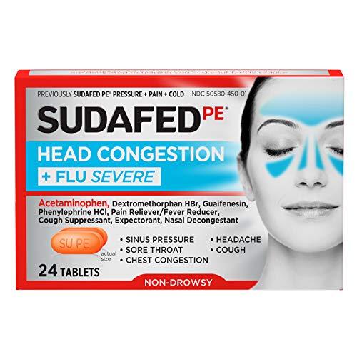 Sudafed PE Head Congestion + Flu Severe Decongestant Tablets for Adults, 24 ct