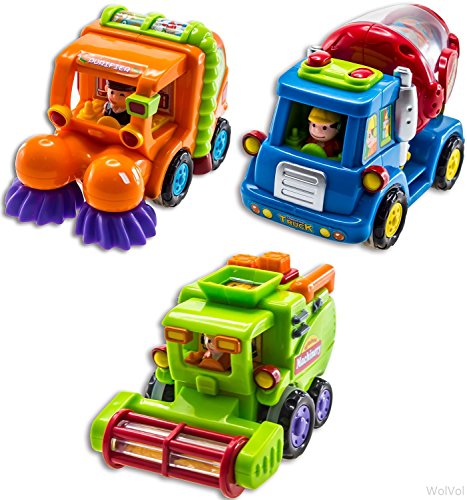 WolVolk Set of 3 Push and Go Friction Powered Car Toys for Boys – Street Sweeper Truck, Cement Mixer Truck, Harvester Toy Truck – Cars Have Automatic Functions