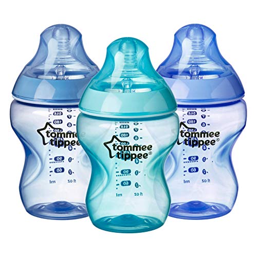 Tommee Tippee Closer to Nature Baby Bottles, Slow Flow Breast-Like Nipple with Anti-Colic Valve, 9oz, 3 Count, Colour My World Pacific – Blue