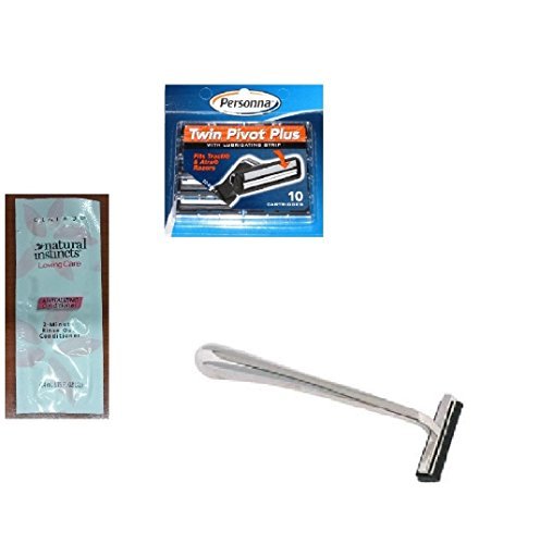 Trac II Chrome Handle + Personna Twin Pivot Plus Razor Cartridges w/ Lubricating Strip for Atra & Trac II Razors 10 ct. with FREE Loving Color trial size conditioner