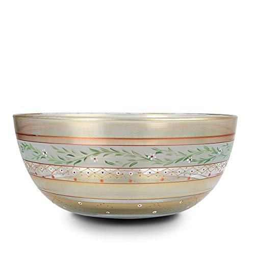 Golden Hill Studio Hand Painted Salad Serving Bowl – Moroccan Mosaic Gold Garland Collection – Hand Painted Glassware by USA Artists – Unique and Decorative Large Serving Bowl 11″, Kitchen Table Décor