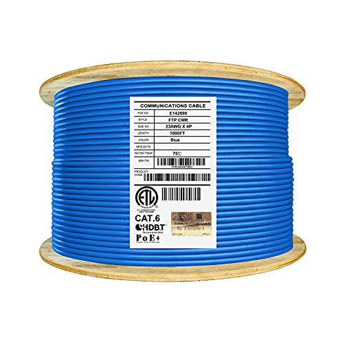 Elite Cat6 Shielded Riser (CMR), Ethernet Cable 1000ft, 23AWG 100% Solid Pure Bare Copper, Foiled w/Unshielded Twisted Pair (F/UTP), 550MHz, UL Certified, UL-LP Cert, Bulk Networking Cable Reel – Blue