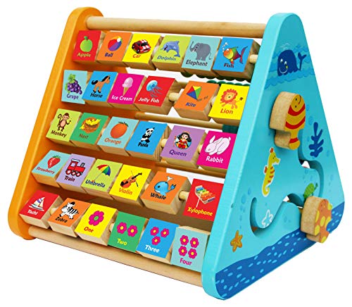 TOWO Wooden Activity Centre Triangle Toys – flip Flop Alphabet Blocks Abacus Clock – Activity Cube for Toddlers 5 in 1- Activity Toys for Babies Montessori Learning-Wooden Toys for 1 Year Old