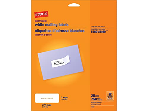 White Mailing Labels for Laser & Inkjet Printers, 1″ x 2-5/8″, 750/Box