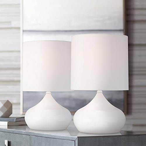 360 Lighting Mid Century Modern Contemporary Style Small Accent Table Lamps 14 3/4″ High Set of 2 Steel Droplet White Drum Shade Decor for Bedroom House Bedside Nightstand Home Office