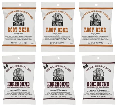 Claeys Old Fashioned Hard Candy – Variety 6 Pack – Horehound and Root Beer – 3 of Each Flavor – 36 Ounces Total