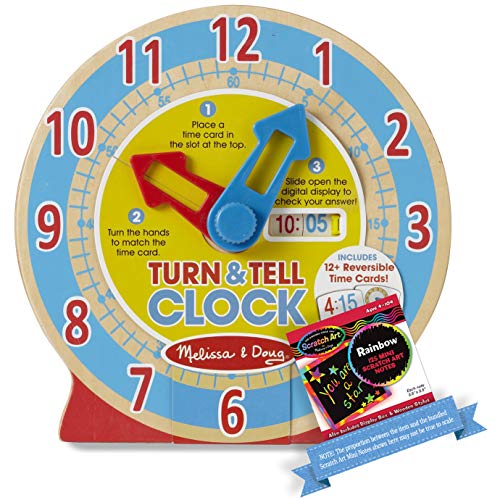Turn & Tell Clock + 1 Melissa & Doug Scratch Art Mini-Pad Bundle (42840)