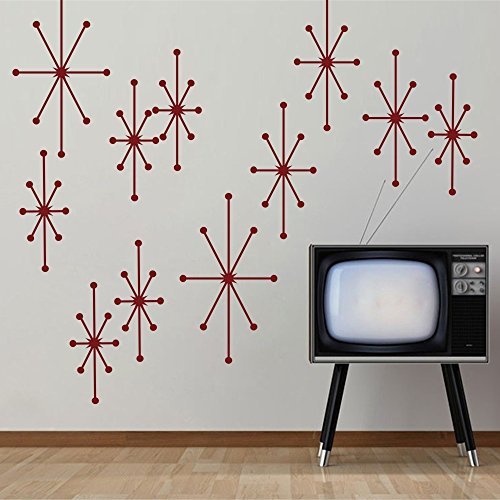 Atomic Starbursts Vinyl Wall Decals Mid Century Modern Wall Sticker Retro Wall Mural Home Art Decoration Dark Red
