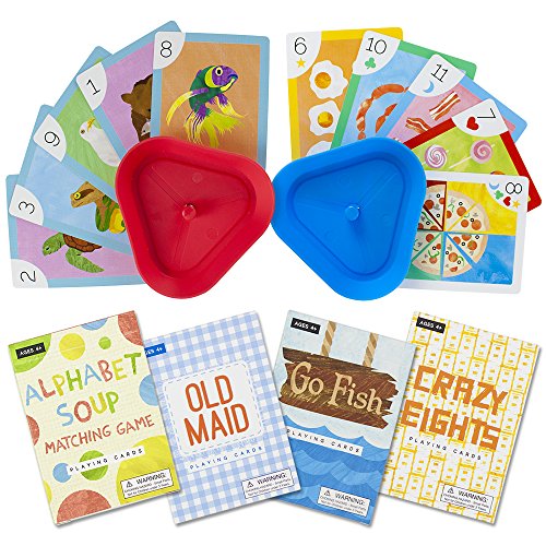 Imagination Generation Set of 4 Classic Children’s Card Games with 2 Hands-Free Playing Card Holders – Includes Old Maid, Go Fish!, Crazy Eights, & Alphabet Soup Matching Game