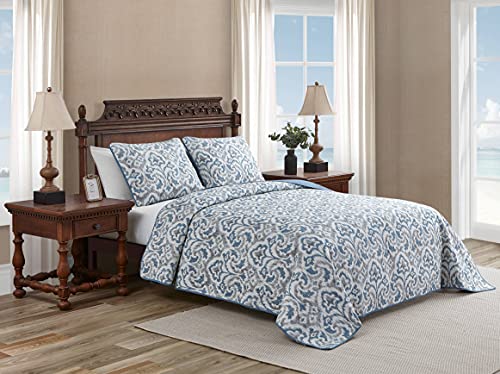 Tommy Bahama Quilt Set Reversible Cotton Bedding with Matchin Shams, All Season Home Decor, King, Cape Verde Smoke Grey/Blue