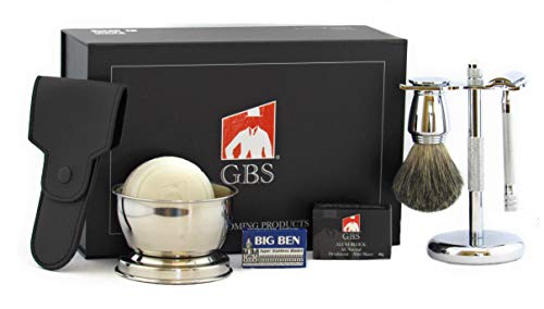 G.B.S Shaving Gift Set with Made in Germany MK 23C Long Handle Double Edge Safety Razor Alum Block, Bowl with Soap, Shaving Brush + Blades Long Lasting Professional, Personal