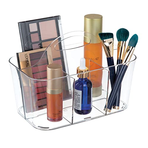 mDesign Plastic Makeup Storage Organizer Caddy Tote, Divided Basket Bin, Handle for Bathroom, Holds Eyeshadow Palettes, Nail Polish, Brushes, Shower Essentials, Small, Lumiere Collection – Clear