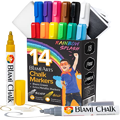 Blami Arts Liquid Chalk Markers Washable -14 Ink Pens & Extra Gold and Silver Colors – Chalkboard Labels Pack Included Non Toxic – Reversible Tips and Erasing Sponge included