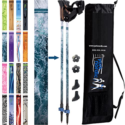 York Nordic Walking Poles – Classic Nordic Grips – Lightweight, Adjustable, and Collapsible -2 Pieces Adjustable w/flip Locks, Detachable feet and Travel Bag (Ocean Wave)
