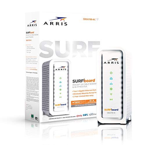 ARRIS Surfboard (8×4) Docsis 3.0 Cable Modem Plus AC1600 Dual Band Wi-Fi Router, Certified for Comcast Xfinity, Spectrum, Cox & More (SBG6700AC), White, Max Download Speed: 343 Mbps