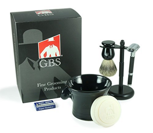 G.B.S Men’s Shaving Set- Butterfly Open Double Edge Razor, Shave Brush with dual stand, Shaving Mug with Knob Handle, Natural Shave Soap, 10 Replacement Razor Blades